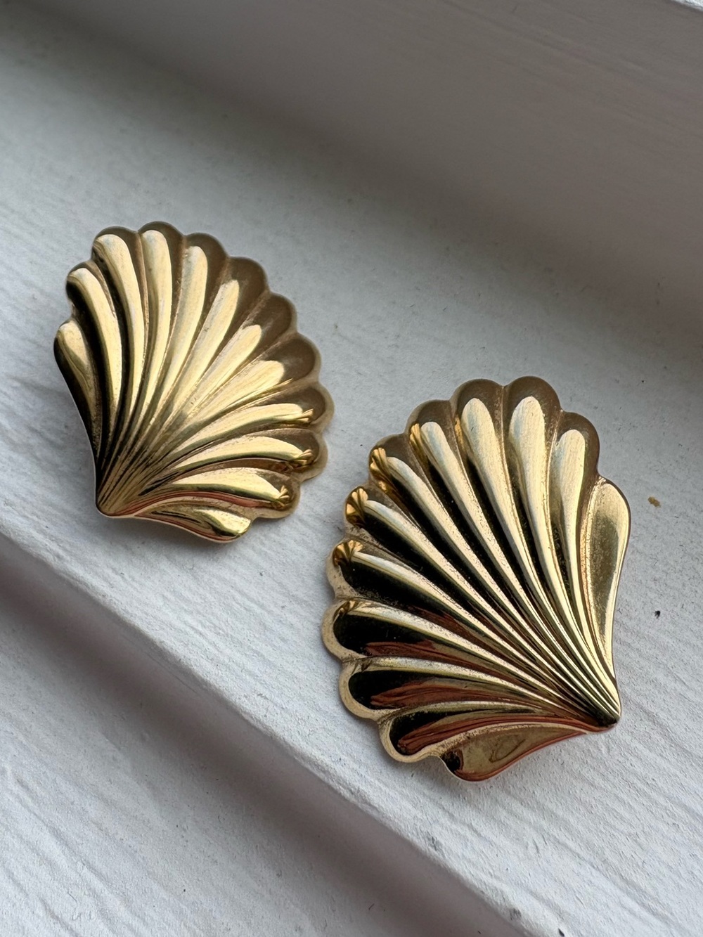 Trifari Gold Shell Fan Clip Earrings